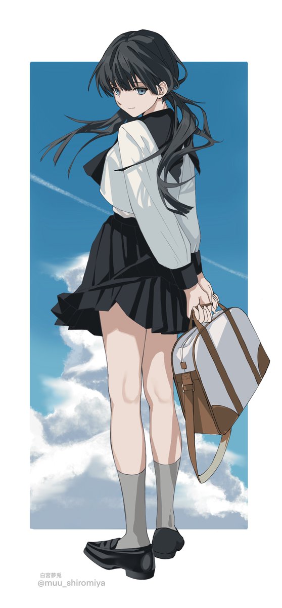 1girl solo skirt bag black hair twintails holding bag  illustration images
