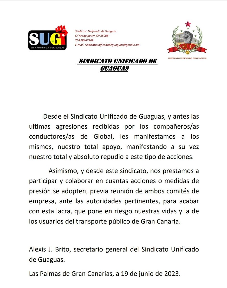 Gracias compañeros del Sindicato Unificado de Guaguas de @GuaguasLPA , se agradece enormemente en estos momentos. Siempre donde hay que estar y cuando se necesita. Un gran salu2