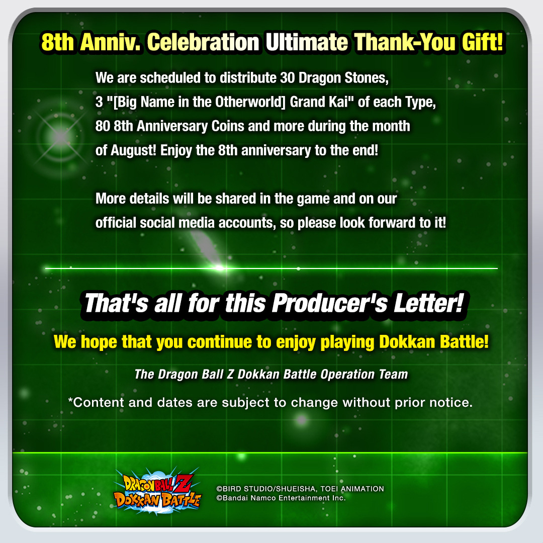 dokkan_global's tweet photo. [Producer's Letter✉]
Hi everyone!
Here is the July letter from the Producers!✨
Don't miss out on the new characters featured in Part 2 of the 8th Anniversary Campaign and the latest info on new campaigns!

#dokkanbattle #dokkanbattleglobal #dokkan #dragonball https://t.co/2bkri0d1S5