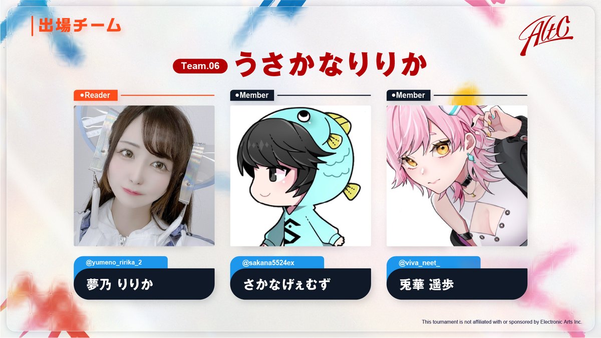 Team_TSDM's tweet image. A.L.T.C
APEX LEGENDS TSDM CUSTOM Vol.０ 
Supported by ENERICHE

【チーム０６】うさかなりりか
・夢乃りりか @yumeno_ririka_2
・さかなげぇむず @sakana5524ex
・兎華遥歩 @viva_neet_

#ALTC #TSDM #APEX

大会概要


※敬称略 ※順不同