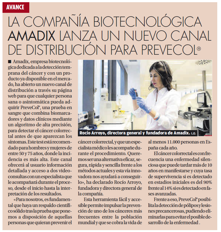 AmadixDx's tweet photo. 🗞️¡Qué ilusión! @diariolaopinion cuenta hoy nuestro hito del mes. #PreveCol, nuestro test de detección temprana de #cáncer colorrectal, ya está disponible a través de nuestra página web.
💻https://t.co/bBqdO8HRCf
#biotech #science #earlycancerdetection #salud #health #screening https://t.co/Nf1mGKMqIJ