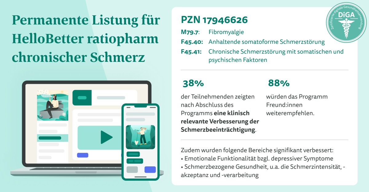 Die permanente Listung gibt Behandler:innen und Betroffenen die Sicherheit, dass die wirksame Therapieoption auch zukünftig zur Verfügung steht.
Alle gesetzlichen und viele private Krankenkassen übernehmen die Kosten vollständig. Informationen: hellobetter.de
#DiGA
