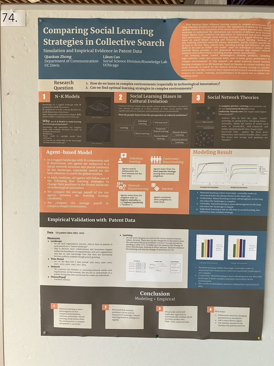 Presenting my poster about social learning biases and outcomes in technological innovation. Check out poster 74 😉#IC2S2