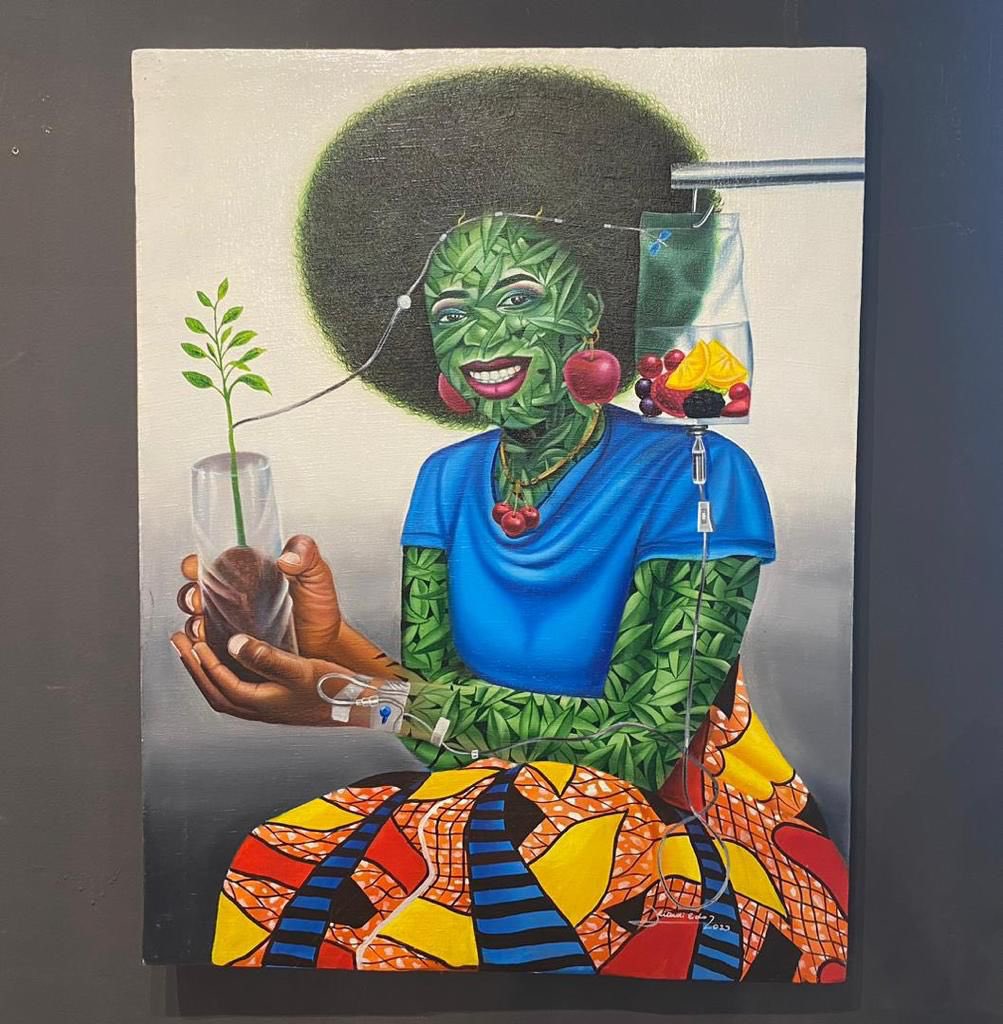 TMB_CD's tweet photo. L'exposition TO SEKA TO SEPELA se tient au Monde des #Flamboyants, à #Kinshasa et présente notamment les toiles de #Kitadi, qui met en scène la condition féminine et décore ses personnages de fleurs. 5 autres #peintres et 1 #sculpteur exposent avec lui #MadeinCongo #Congo #RDC https://t.co/HxJXZINFeu