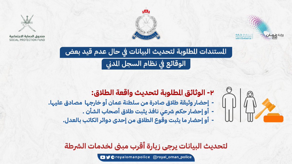 RoyalOmanPolice's tweet photo. المستندات المطلوبة لتحديث البيانات في حال عدم قيد بعض الوقائع في نظام السجل المدني، وفق الفئات المحددة في المنشورات المُرفقة والتي تتطلب التوجه إلى أقرب مبنى لخدمات الشرطة في كافة ولايات محافظات سلطنة عمان، مع التأكيد على ضرورة اختيار الوقت المناسب وعدم الحاجة للاكتظاظ. https://t.co/WERDLbB2Be