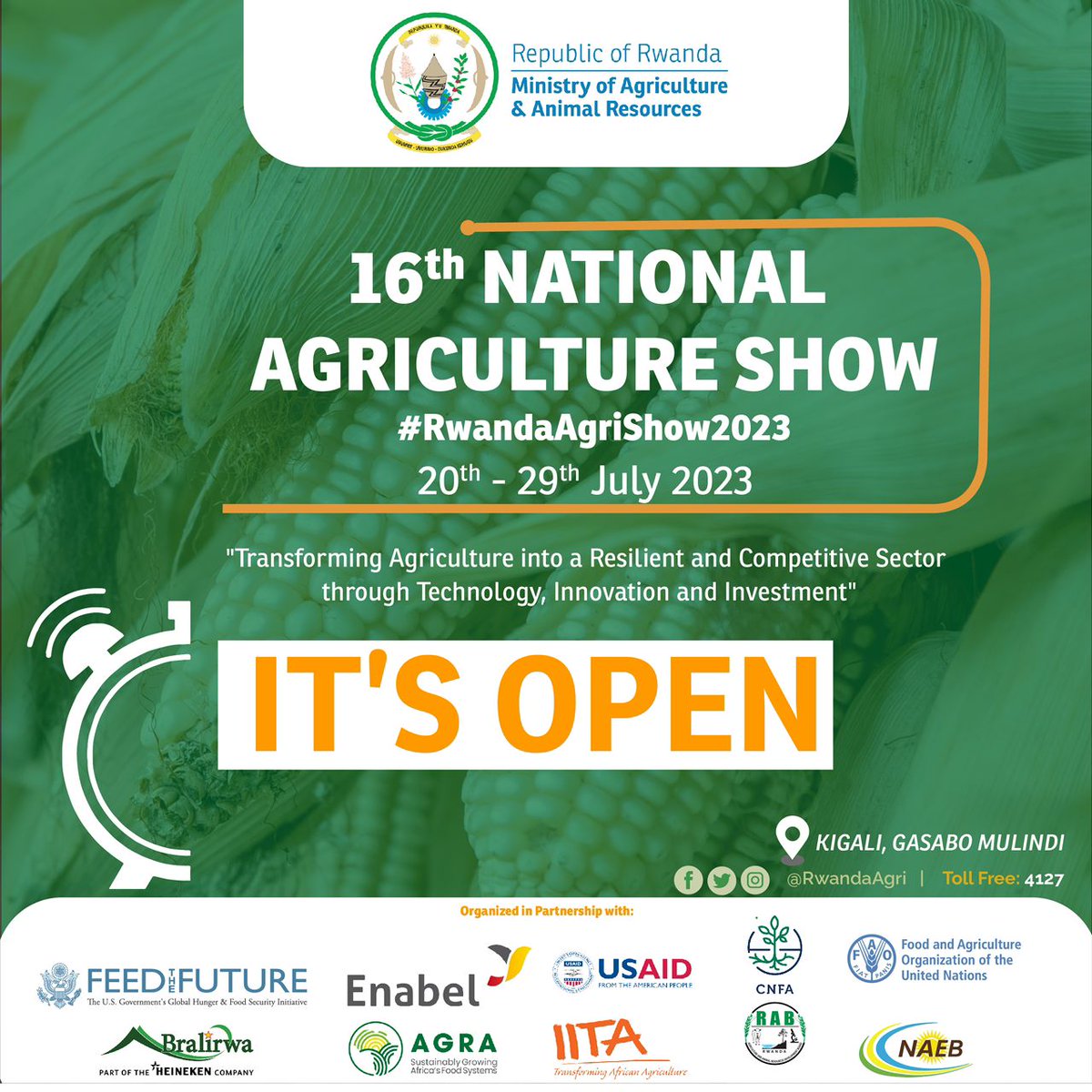Mwaramutse neza! Umunsi wageze,
turabashishikariza gusura stand ya RYAF, ahari ibikorwa by'urubyiruko ruri mu buhinzi  n'ubworozi n’ibibushamikiyeho, bazanye mu imurikabikorwa rya 16 ry'ubuhinzi n'ubworozi riri kubera ku Mulindi wa Kigali. 
#RwandaAgriShow2023