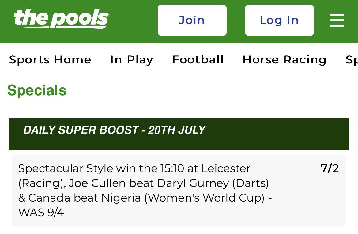 DAILY SUPER BOOST 📈: Spectacular Style to win the 15:10 🏇 Joe Cullen to beat Daryl Gurney 🎯 Canada (w) to best Nigeria (w) ⚽️ WAS 9/4 NOW 7/2 Find it here: bit.ly/3Od1Cpp 18+. BeGambleAware. #Pools