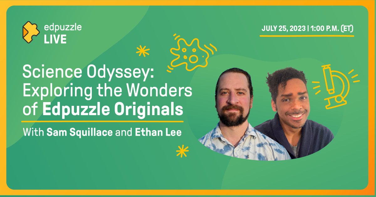 edpuzzle's tweet photo. Join us for an Edpuzzle Live event like no other! 🎉 Dive into the world of #ScienceEducation with our #EdpuzzleOriginals video lessons. An adventure of learning and discovery awaits 🤗! Register here ➡️ https://t.co/FmF6qagdUu. #EdTech https://t.co/vvZATSGS4m