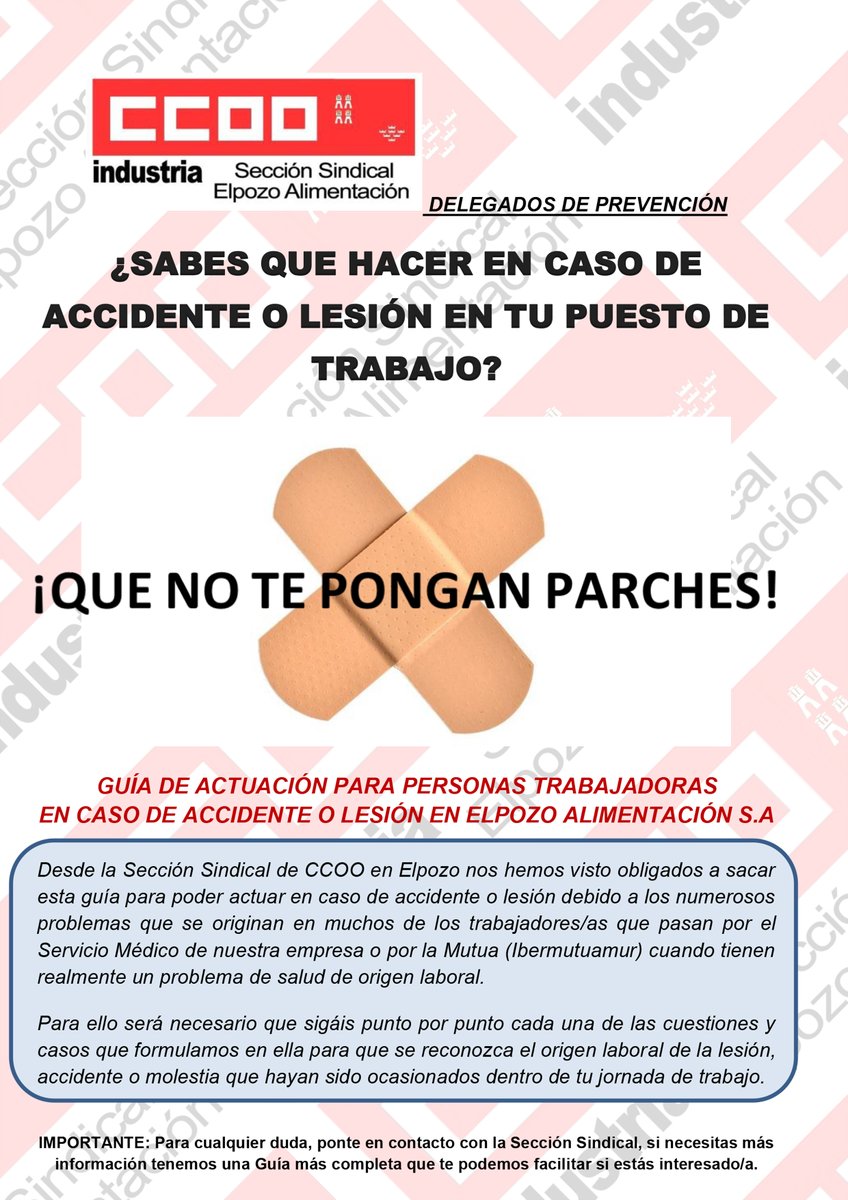 CCOOElPozo's tweet photo. Nuestros delegados/as de prevención, reparten estos días entre nuestros afiliados/as una guía de actuación en caso de accidente o lension en el puesto de trabajo. CCOO Elpozo. https://t.co/aE5hZnmKfG