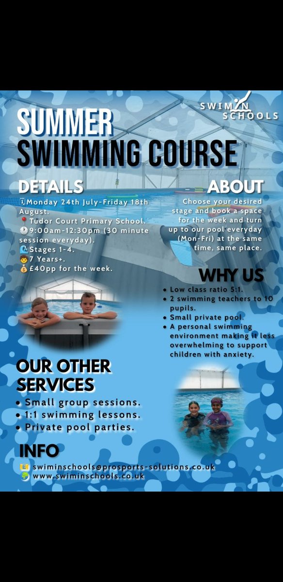 miss_wightman's tweet photo. Summer Intensives Swimming Lessons. Spaces filling fast. Fun way to keep active over the summer and learn an important life skill in the process. Book now. @TudorCourt_ @ProsportsSLtd @SportXplorers https://t.co/rtMGKIuLlB