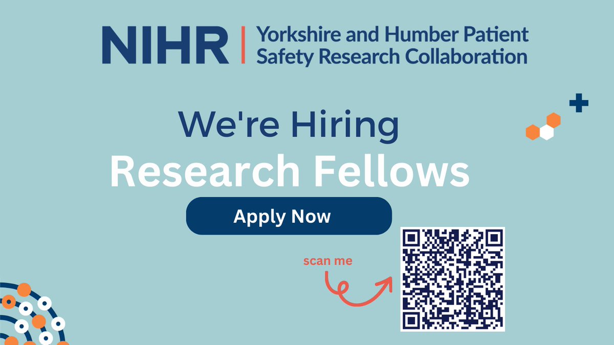 🚨 We're recruiting 4⃣Research Fellows to join our Yorkshire &amp; Humber Patient Safety Research Collaboration.
For more info and to apply:👇
jobs.nhs.uk/candidate/joba…
Contact <a href="/UgoNwulu/">Ugochi Nwulu</a> with any questions.

#PatientSafety #HealthcareResearch #ResearchJobs #NHSJobs