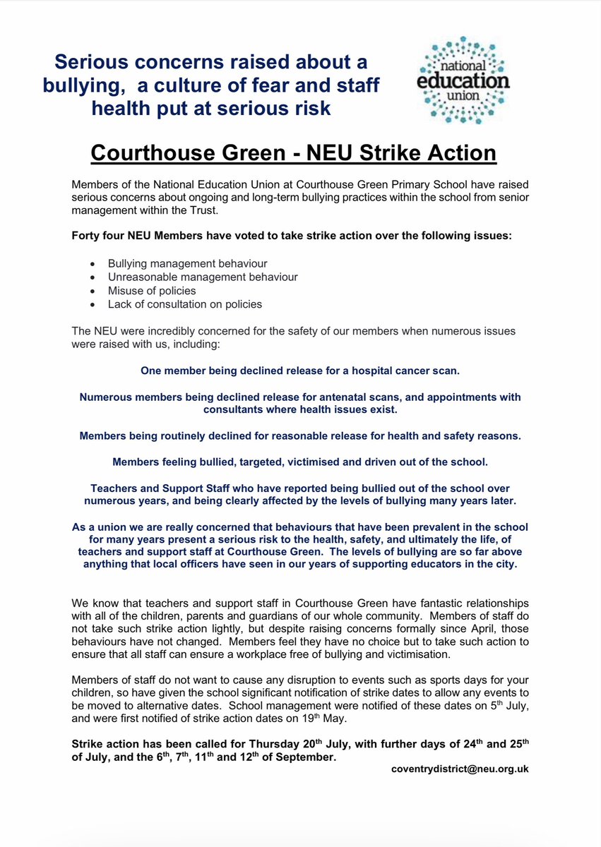 strike_map's tweet photo. Solidarity to the staff at Courthouse Green school standing up against workplace bullying

Find them today, 24 and 25 July. Then further action in September

Show your support, visit or send a solidarity message

https://t.co/kY5LYi0Yef

#CourthouseGreen #NoToBullying https://t.co/smvotTDiey