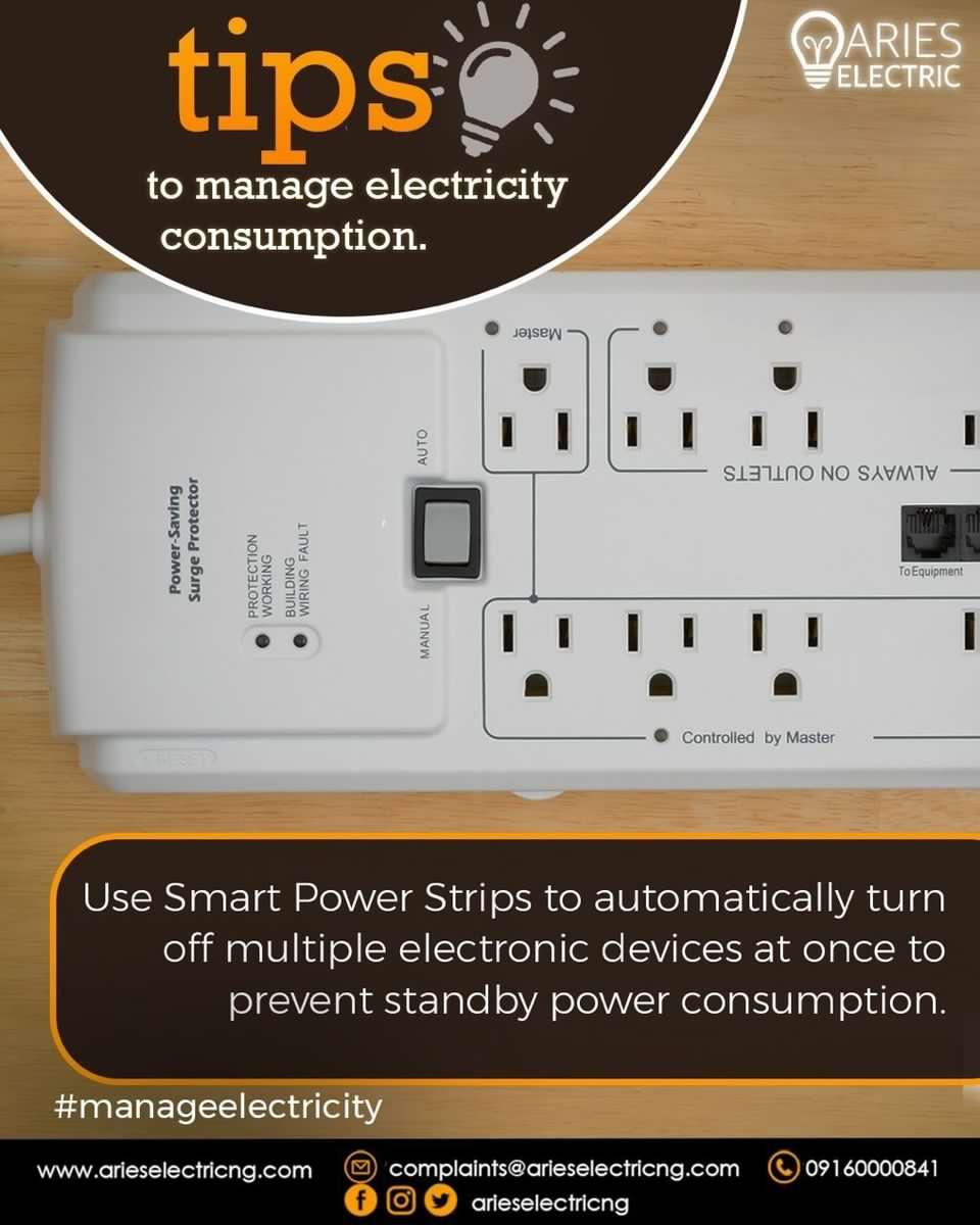 AriesElectricNG's tweet photo. Tips to manage electricity consumption: Use smart power strips to automatically turn off multiple electronic devices at once in order to prevent standby power consumption.

#energysavingtips #manageelectricity #AriesElectric #AE https://t.co/tVJz15LS9V