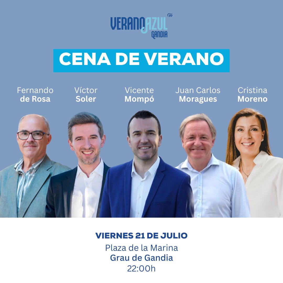 Ellos ya han confirmado su asistencia a la cena de verano de este viernes en el Grau de #Gandia. ¿Nos acompañas? 💙🙌🏻

¡No faltes! 😉

#CenadeVerano #PartidoPopular #EsElMomento