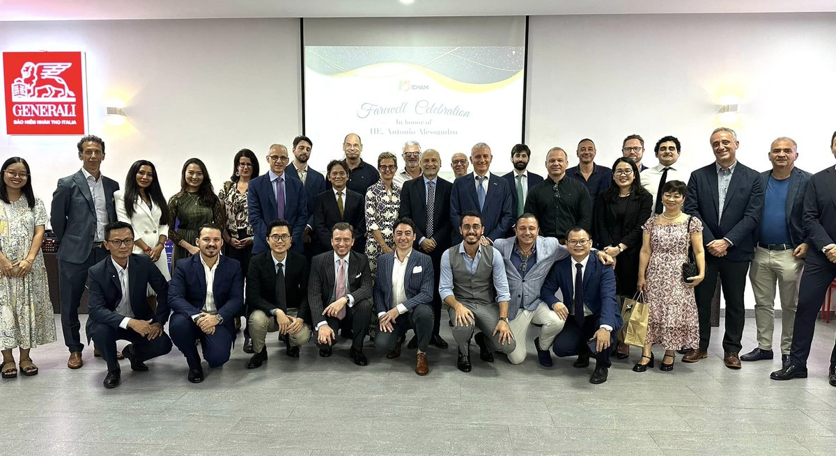 IchamV's tweet photo. Farewell in honor of HE. Antonio Alessandro

Last night, ICHAM hosted a farewell gathering for HE. Antonio Alessandro, the Ambassador of Italy to Vietnam and his spouse Mrs. Paola Belfiore, with the participation of ICHAM's BoD, Members and staff. At the farewell celebration - https://t.co/pZoZyb8W54