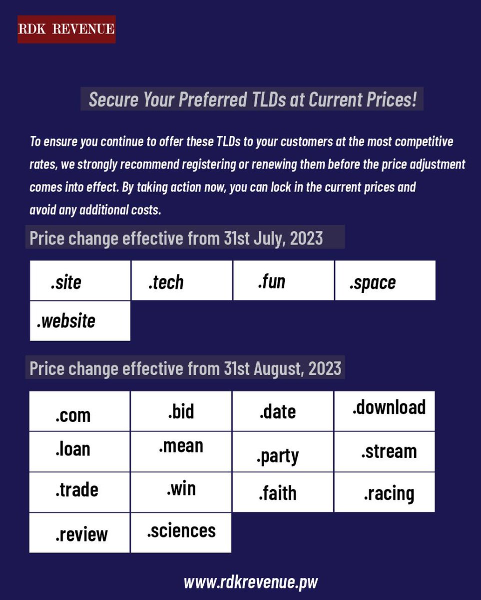 we want to keep you informed about upcoming changes in TLD prices. There will be a price hike on several popular TLDs by the respective registries.

👉 bit.ly/RDKDomainRenew…
