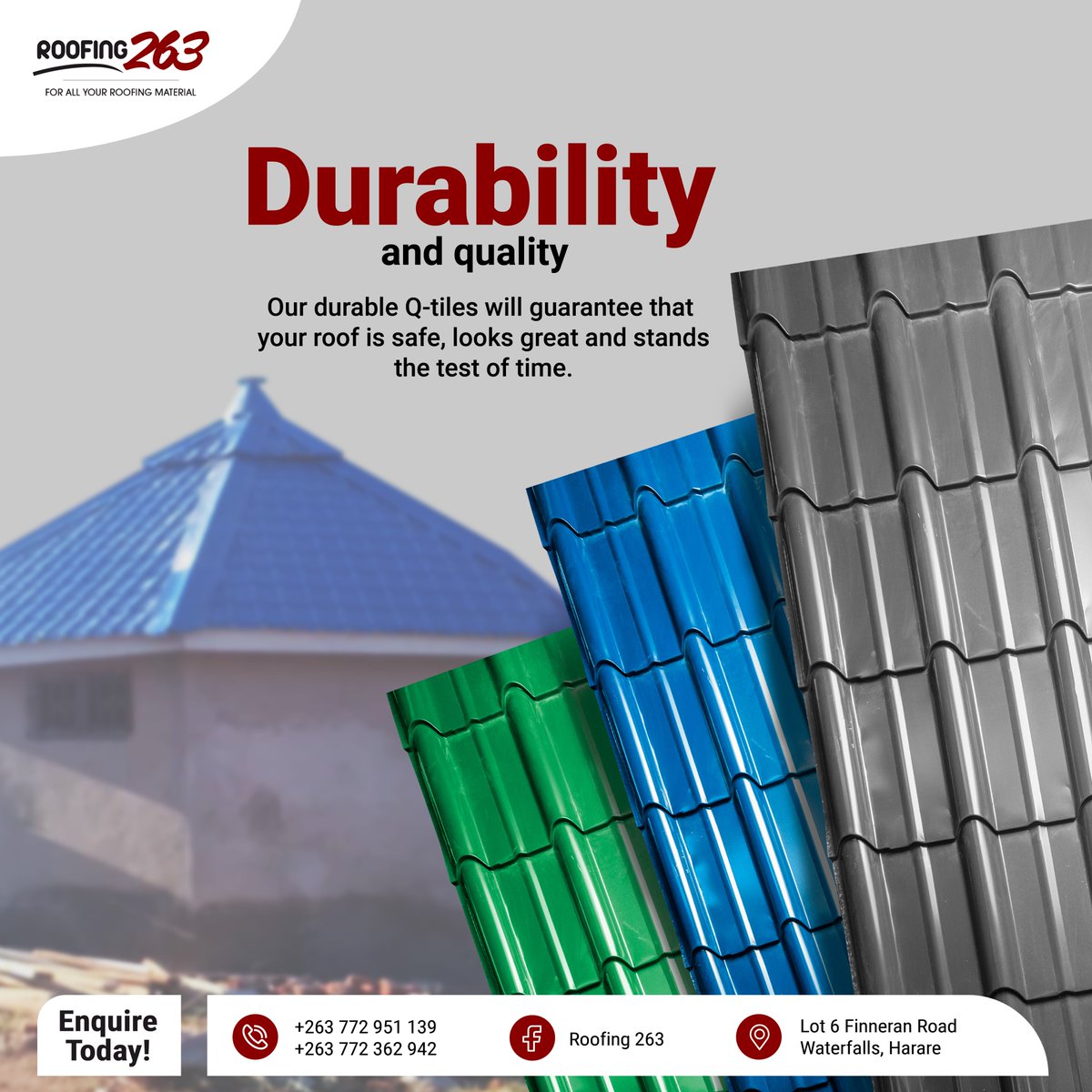 roofing263's tweet photo. Our durable Qtiles will guarantee that your roof is safe, looks great & stands the test of time. Order yours today.
Available in charcoal grey, blue and green (0.5mm & 0.4mm). Call or whatsapp +263 77 295 1139
#roofingleaders #roofing #qtiles #ibrsheets #ridges #gutters #nails https://t.co/WTBFG9oFCn