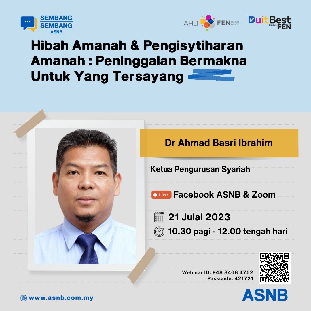 ASNBmy_official's tweet photo. Ketahui dengan lebih lanjut berkaitan perkhidmatan perwarisan yang ditawarkan oleh ASNB dalam webinar Sembang-sembang ASNB pada 21 Julai 2023 jam 10.30 pagi menerusi FB Live & Zoom.
Link Zoom: https://t.co/yPvXEUaXrK
#WebinarASNB https://t.co/iwbYGcoBzx