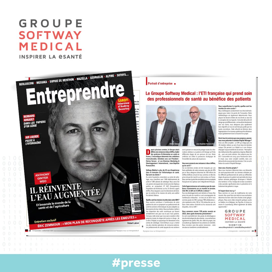 📰 #PRESSE Le Groupe Softway Medical prend soin des professionnels de santé 🩺 dans le dernier numéro du #magazine @Entreprendre. 
Numérique en santé, défi de recrutement, hypercroissance 🚀 et projets à venir, on vous dit tout 👉  softwaymedical.fr/le-groupe-soft…
#article #media #journal