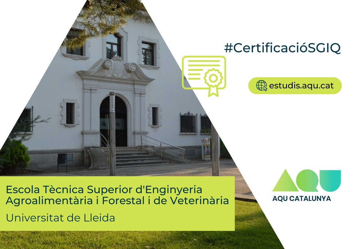 aqucatalunya's tweet photo. ✅ Certifiquem els #SIGQ de l’Escola Tècnica Superior d'Enginyeria Agroalimentària i Forestal i de Veterinària de la Universitat de Lleida 👉 https://t.co/Qstiv9zNRa
Enhorabona @UdL_info!
Per a més informació, visiteu 👉 https://t.co/8LqYUg3zXw https://t.co/M1nGCB3hDe
