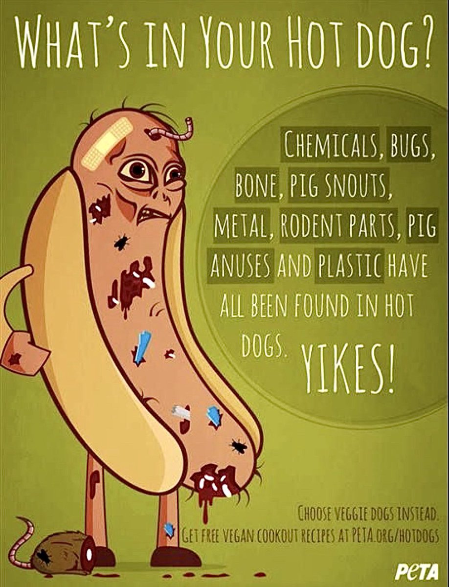 schmoozequeen's tweet photo. What's in YOUR #CARNIST ground up #animal #hotdog?🌭
Lots of #vegan #veggiedog brands or make your own!
#GoVegan #Plantbased @peta https://t.co/lEK4ugEfuH