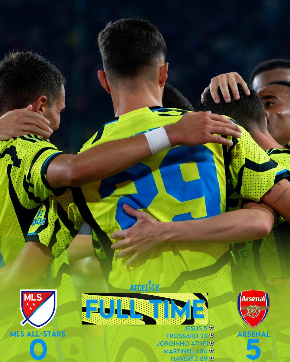 Full Time!
MLS All-Stars 0-5 Arsenal 

Amazing performance all round with multiple standing out. Happy to see Havertz net his first goal, as well as see Rice and Timber in action for the first time. Love this team, can’t wait for the next game. #afc https://t.co/ZF0ta2ADHc