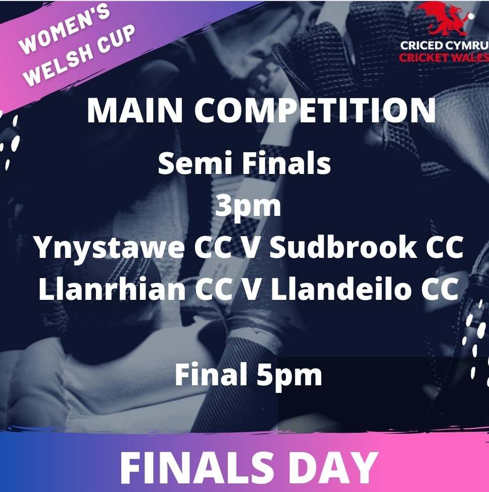 We now know our 8 semi finalists heading to <a href="/valecricket/">Vale Cricket Club</a> on 
Sunday 30th July.

PLATE
<a href="/ccbronwydd/">Clwb Criced Bronwydd Cricket Club</a> v @ClwbCricedGroes 
<a href="/ColwynBayCC/">Colwyn Bay Cricket Club</a> v <a href="/PentyrchCricket/">Pentyrch Cricket Club 🏏🦃</a> 

MAIN
@YT_Allsorts v <a href="/sudbrookccwomen/">Sudbrook Ladies Cricket Team</a> 
<a href="/Llanrhian_CC/">Llanrhian CC</a> v <a href="/LlandeiloRKites/">Llandeilo Red Kites Women’s Softball</a>