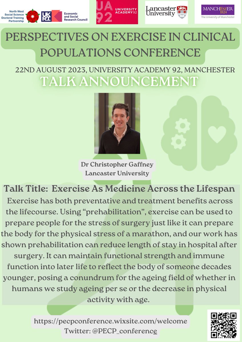 TALK ANNOUNCEMENT!

Dr Christopher Gaffney (@cgaffneyphd) will be discussing Exercise as Medicine Across the Lifespan, including its treatment/preventative benefits across the lifecourse

To read the full talk abstract and to register go to our website: pecpconference.wixsite.com/welcome