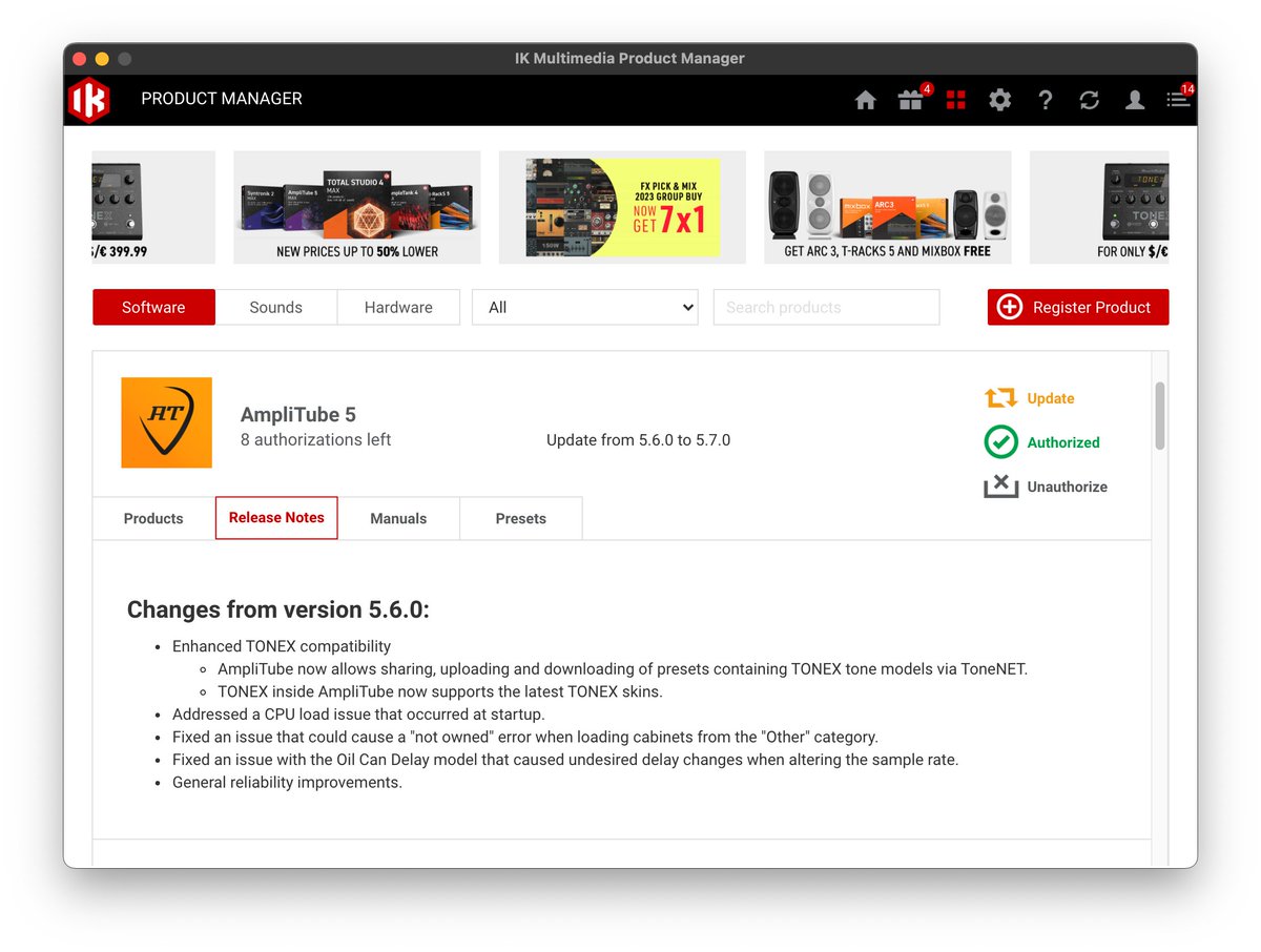 ikmultimedia_jp's tweet image. #AmpliTube 5 v5.7.0アップデートを公開。

#TONEX Tone Modelを含むプリセットが #ToneNET で共有可能になった他、TONEXスキン、Oil Can Delayにてサンプル・レート修正時に発生していた遅延問題などを修正。

Updateは、IK Product Managerにて ikmultimedia.com/pm