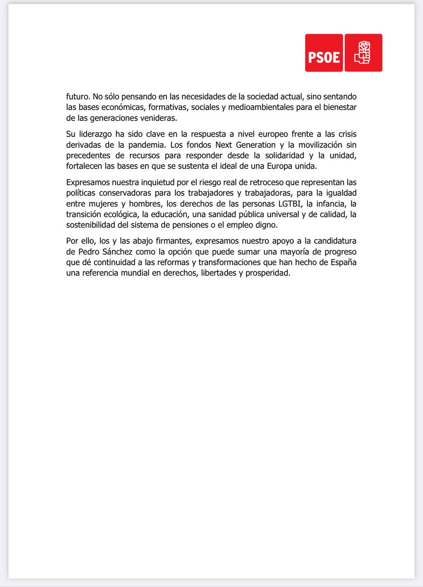 PSOE's tweet photo. Los y las firmantes, expresamos nuestro apoyo a la candidatura de @sanchezcastejon como la opción que puede sumar una mayoría de progreso que dé continuidad a las reformas y transformaciones que han hecho de España una referencia mundial en derechos, libertades y prosperidad.

✍🏻 Lee el manifiesto completo: https://t.co/XC0ABq0apz