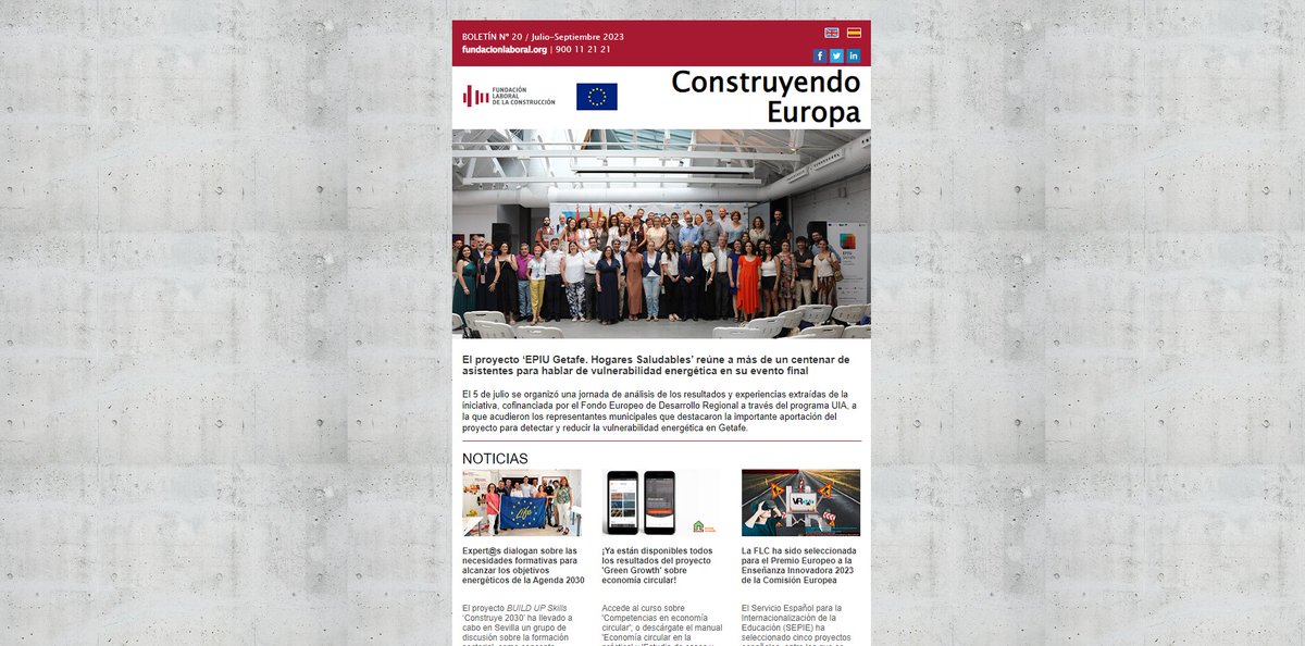 FLCconstruccion's tweet image. 🆕📰 ¡Nuevo número de #ConstruyendoEuropa!
🧐 Descubre qué se ha tratado en el evento final del proyecto @EpiuGetafe, la nominación de FLC al Premio Europeo a la Enseñanza Innovadora por la iniciativa @VRoadEU, la tercera reunión del @NaturBuild y mucho más...
Lee la newsletter…