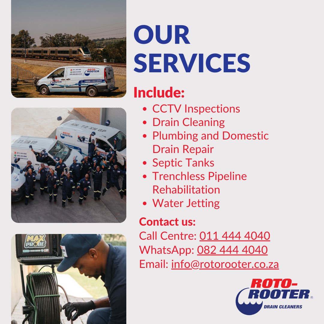 RotoRooterZA's tweet image. When it comes to comprehensive drainage services, Roto Rooter has got you covered from A to Z!🔧
Contact us today on 011 444 4040 and let our experts provide you with the comprehensive solutions you deserve!
#ComprehensiveSolutions #RotoRooterSA #DrainageExperts