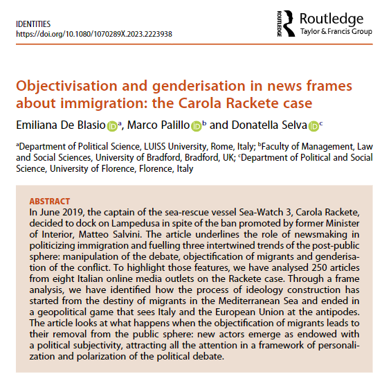 What happens media portray #migrants as objects? 

'Objectivisation and genderisation in news frames about #immigration: the Carola Rackete case' by <a href="/donaselva/">Donatella Selva</a> et al.

@NasarMeer <a href="/aaronzwinter/">Aaron Winter</a> <a href="/tandfhss/">T&F Social Sciences and Humanities</a> <a href="/emilianadb/">emiliana de blasio</a> 

New from #Identities ⬇️
doi.org/10.1080/107028…