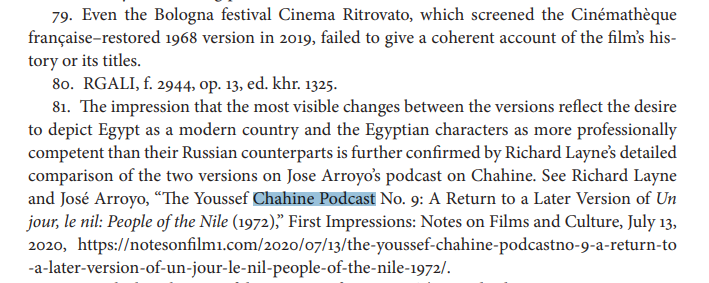 ChahinePodcast's tweet photo. New book "World Socialist Cinema" by Masha Salazkina  includes a fascinating discussion of Chahine's "Un Jour, le Nil", and cites our discussion on the two versions which we are very pleased was helpful. https://t.co/RrNuLQYkXn