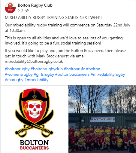 MFTaudiology's tweet image. One of our patients is helping to set up a mixed ability rugby team with @BoltonRUFC . Training starts this Saturday 22/07/23 and all welcome! facebook.com/boltonrugby/?l…