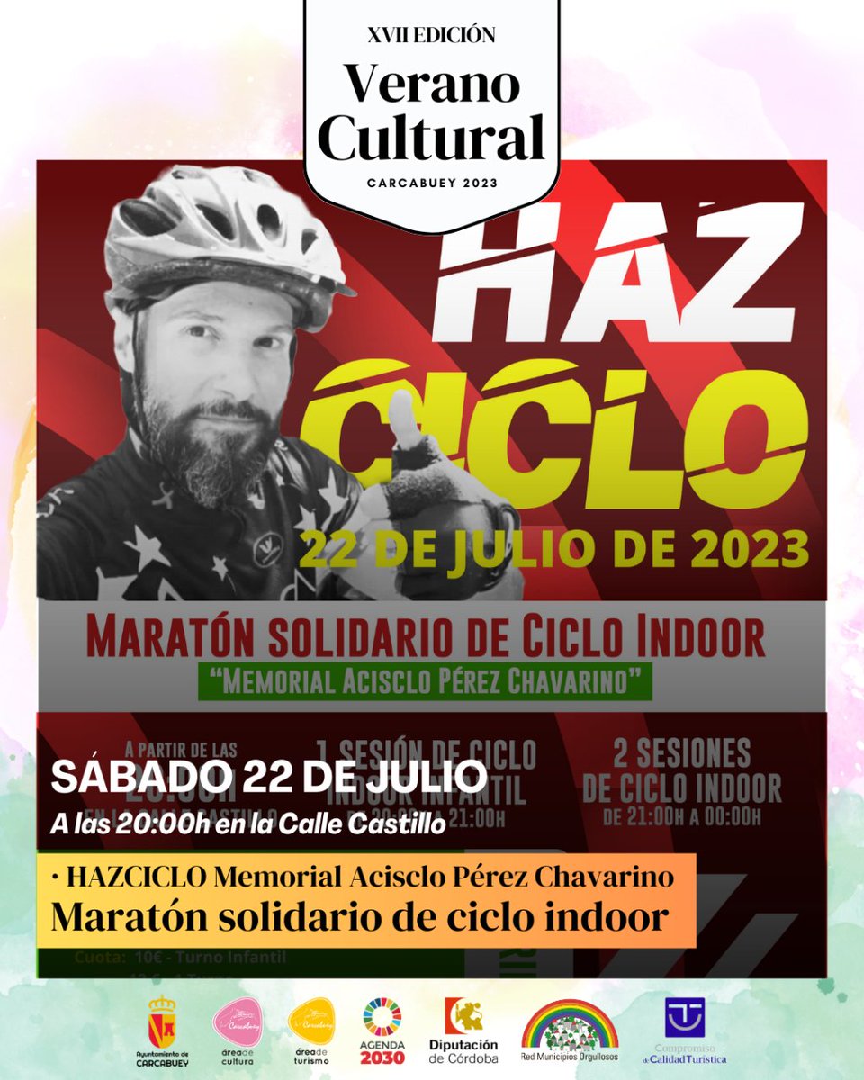 AytoCarcabuey's tweet photo. 🎭 #VC23 | El sábado 22 de julio ponte en forma con HAZ CICLO, el maratón solidario de ciclo indoor en honor a Acisclo Pérez Chavarino. Inscríbete en deportes@carcabuey.es o llamando al 957 553 208.
⌚ a las 20:00h
📍Calle Castillo
#Carcabuey #VeranoCultural2023 https://t.co/QPA3nE5EHR