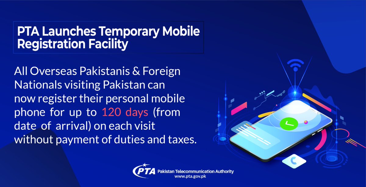 PTAofficialpk's tweet photo. 📲🇵🇰 Enjoy seamless connectivity & register your SIM-based mobile devices hassle-free during each stay in Pakistan for 120 days.
🔗 Apply Online for Temporary Mobile Registration: https://t.co/NGAqBaVyRJ
#ConnectivityMatters #TemporaryMobileRegistrationSystem https://t.co/rY2i6rAnEe