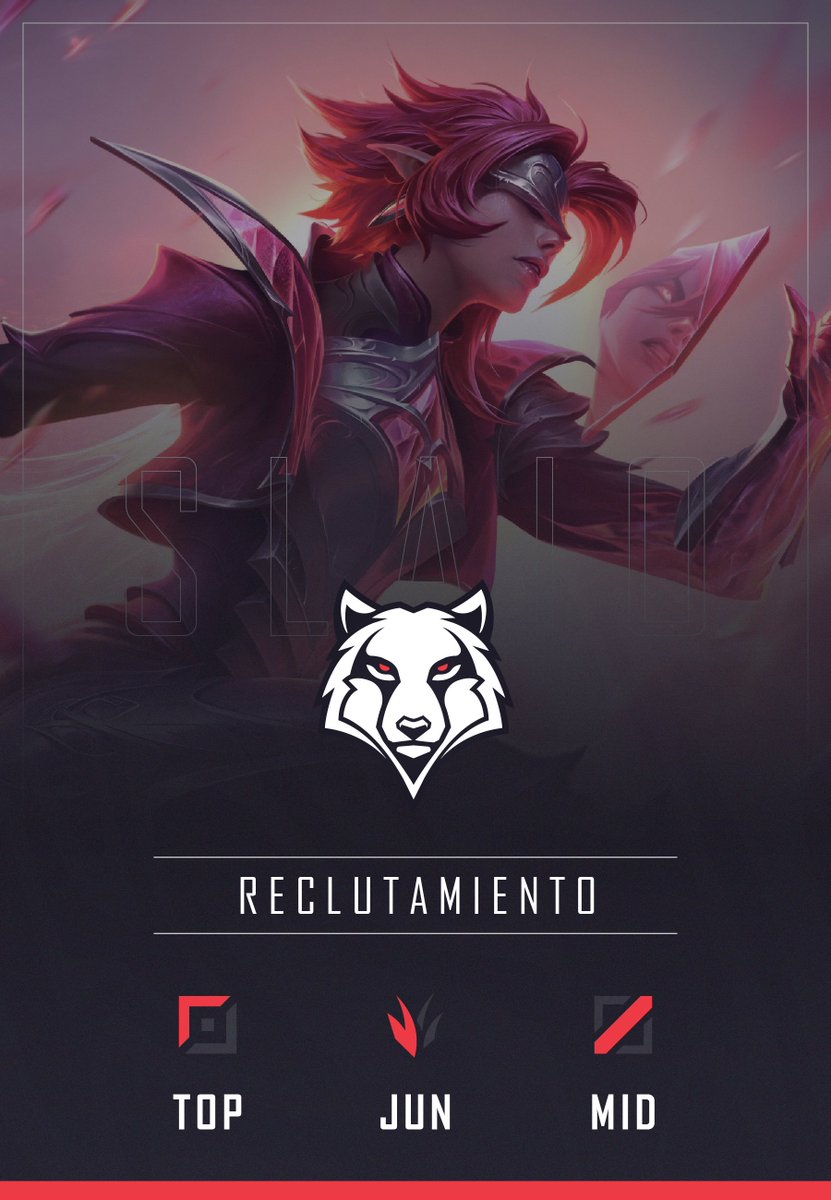 Slaio Scarlett abre reclutamiento para TOP -JG-MID
Only fem
D4+ LAN 
Tener disponibilidad de tiempo en las noches
Tener disponibilidad si se requiere fines de semana para torneos
Experiencia en competitivo (pref)
Responsabilidad, buena actitud y disciplina.
#SomosSlaio #GoSlaio