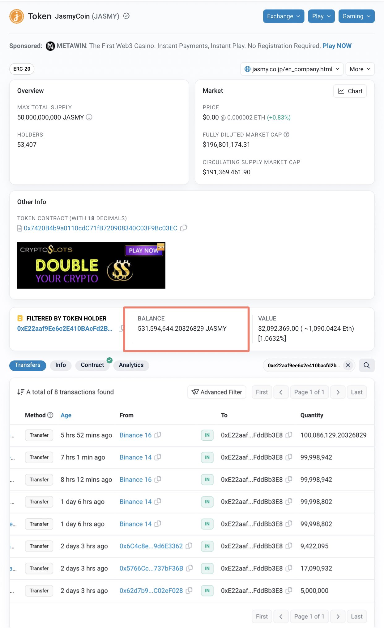 DipMehtaVerse on Twitter "jasmy In the past 2 days this wallet added