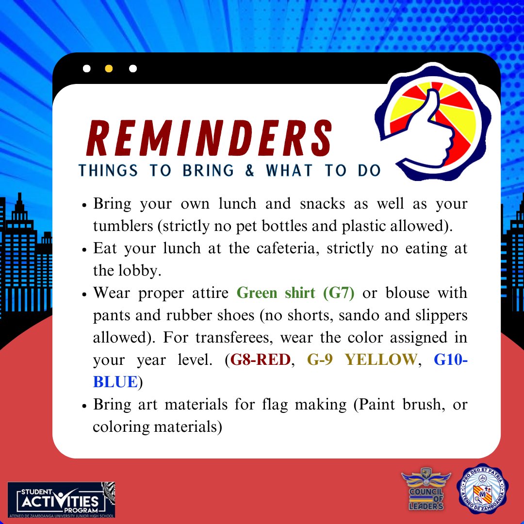 JHScol's tweet photo. HELLO G7 &amp; TRANSFEREES!

Take note of the following dates and information below! Make sure to follow these in order to have a fun and enjoyable day here in your new second home which is the Ateneo de Zamboanga university junior high school! 

𝗔𝗩𝗔𝗡𝗭𝗔𝗡𝗗𝗢 𝗲𝘁 𝗔𝗠𝗗𝗚!💙🦅 https://t.co/521VfEk78y