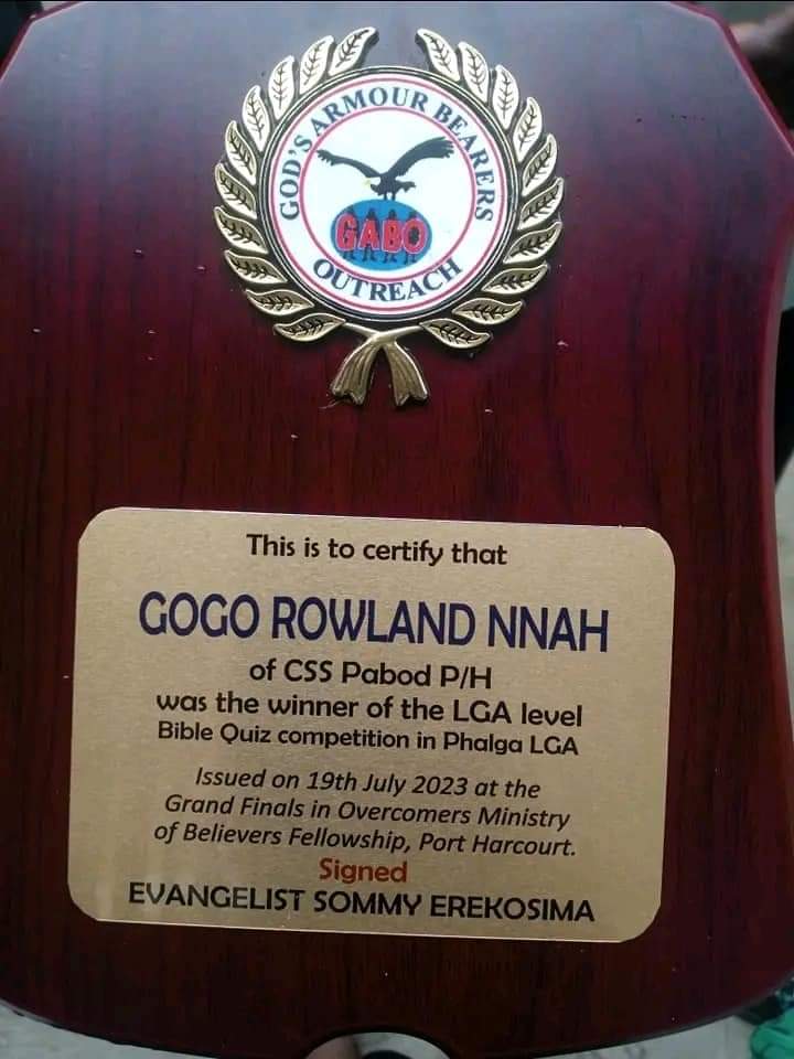 13year-old boy from Andoni wins 300k in a LGA Bible Quiz Held in Port Harcourt. 

The 13-year-old Master Gogo represented his school, CSS Pabod, and came first after defeating more than 20 contestants.