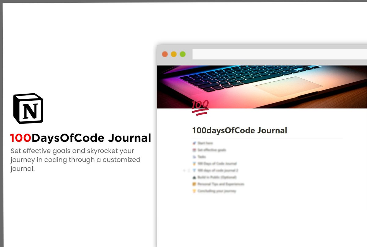 This will make you an expert coder in 2023. I built a 100DaysOfCode Journal to help you progress in coding & build in public, it has - 2 Journals - Goal setting modules - Task tracker And for 48h, it's FREE Just: Like Retweet Comment 'journal' & I'll DM you (Must follow me)