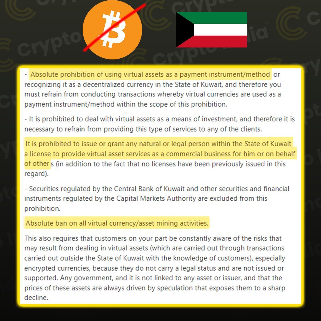 CoinmomoHub's tweet photo. #kuwait has banned #cryptocurrency &amp; #virtualassets transactions in the country.

#CryptocurrencyNews #BTC #Bitcoin #CryptoTrading #cryptocurrencies https://t.co/0aTWmUp1Vm