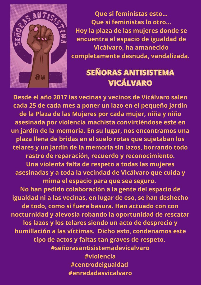 ResistiremosVKL's tweet photo. #SeñorasAntisistemaDeVicalvaro
#enredadasvicalvaro https://t.co/zz2GwQDgGv