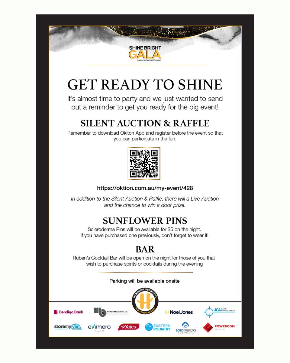 ScleroAus's tweet photo. Ready to shine at the #ShineBrightGala2023 this Sat?
✅ Register on Oktion App for raffles & auctions - https://t.co/tg8fNldNqu 📅
✅ Wear your $5 Scleroderma pin 🌻
✅ Enjoy Ruben's cocktails 🍹
✅ On-site parking 🚗
Coming? Raise a hand! 🙋 #FinalGala #Scleroderma https://t.co/B01yW7w32n