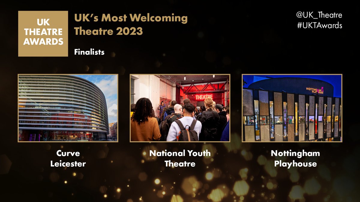 Congratulations to our UK's Most Welcoming Theatre 2023 finalists <a href="/CurveLeicester/">Curve</a>, <a href="/NYTofGB/">NationalYouthTheatre</a> and <a href="/NottmPlayhouse/">Nottingham Playhouse</a>!

The winner will be announced at this year's UK Theatre Awards on 8 October at the Guildhall.

#UKTAwards