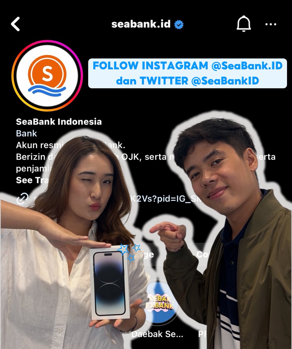 SeaBankID's tweet photo. 🫶GIVEAWAY IPHONE 14 PRO MAX!!🫶

Caranya gampang banget loh, 
1. FOLLOW INSTAGRAM https://t.co/5sxrPZVhvs dan TWITTER @SeaBankID 
2. IKUTI KUISNYA DI SINI👉 https://t.co/2VoiKA0KQb
3. RT &amp; REPLY "ALTO" di tweet ini

Semangat Sobat SeaBank #GIVEAWAY https://t.co/YexgMiY42o
