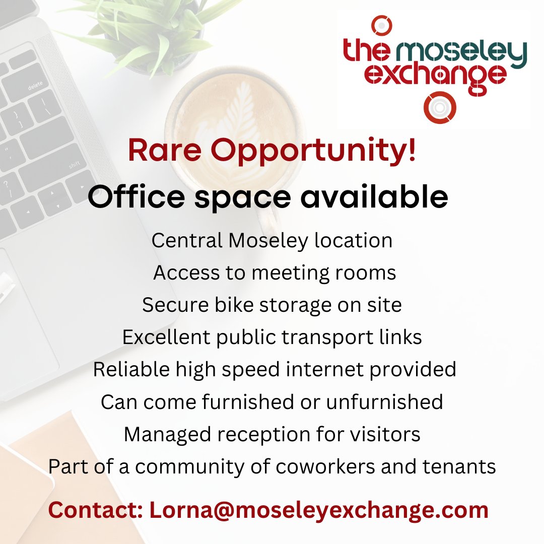 📢 Don't miss out! Private office space available Office 5: 153sqft Office 8: 260sqft In the heart of Moseley with offices, a thriving coworking community and meeting rooms, along with excellent places on the doorstep to pop out for lunch or drinks! The perfect office base 💻☕️