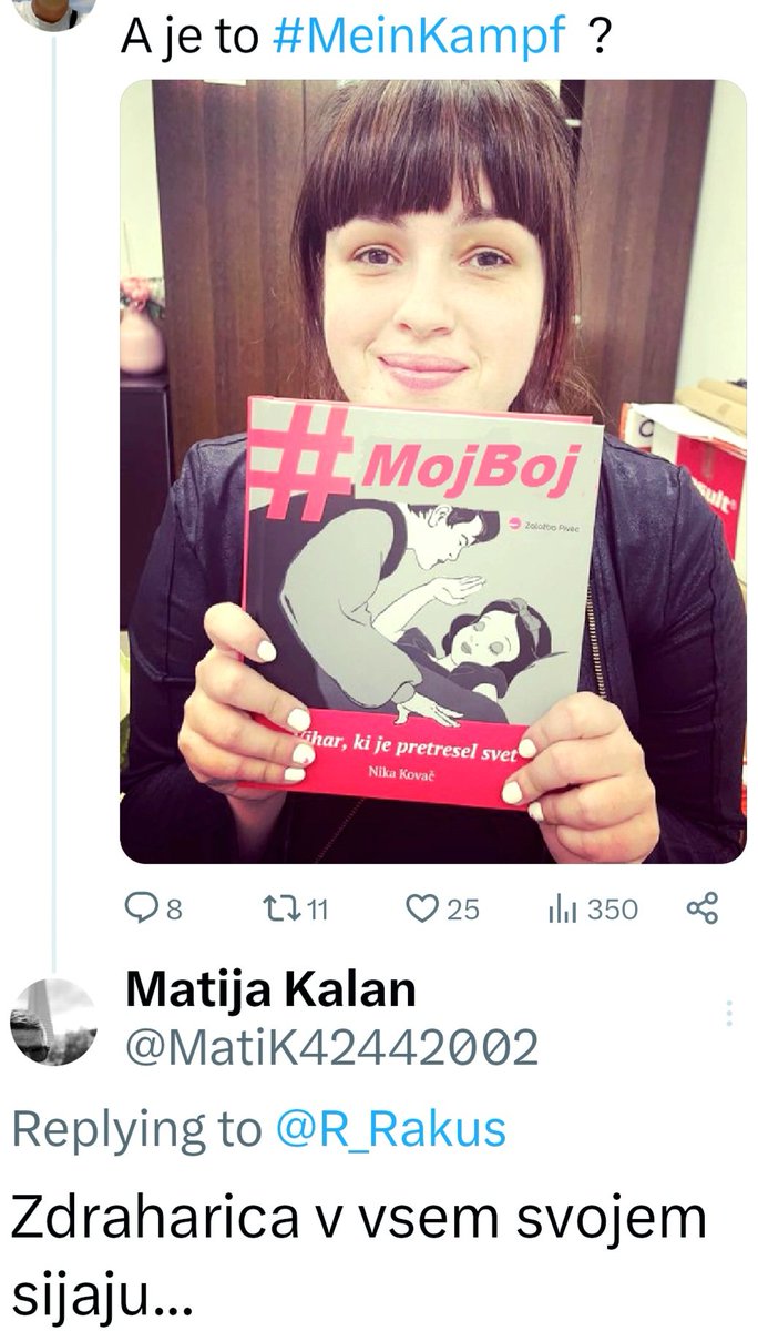 Kdo že je napisal #MeinKampf (po slovensko: Moj boj)?
Kdo že je drugače misleče in drugače govoreče strpal v koncentracijska taborišča?
A smo v Sloveniji še normalni?
Samo sprašujemo!
<a href="/nikakolac/">Nika Kovač</a>
<a href="/8Marec/">Inštitut 8. marec</a> <a href="/vladaRS/">Vlada Republike Slovenije</a>
(Slika, vir: Twitter, 20.07.2023)