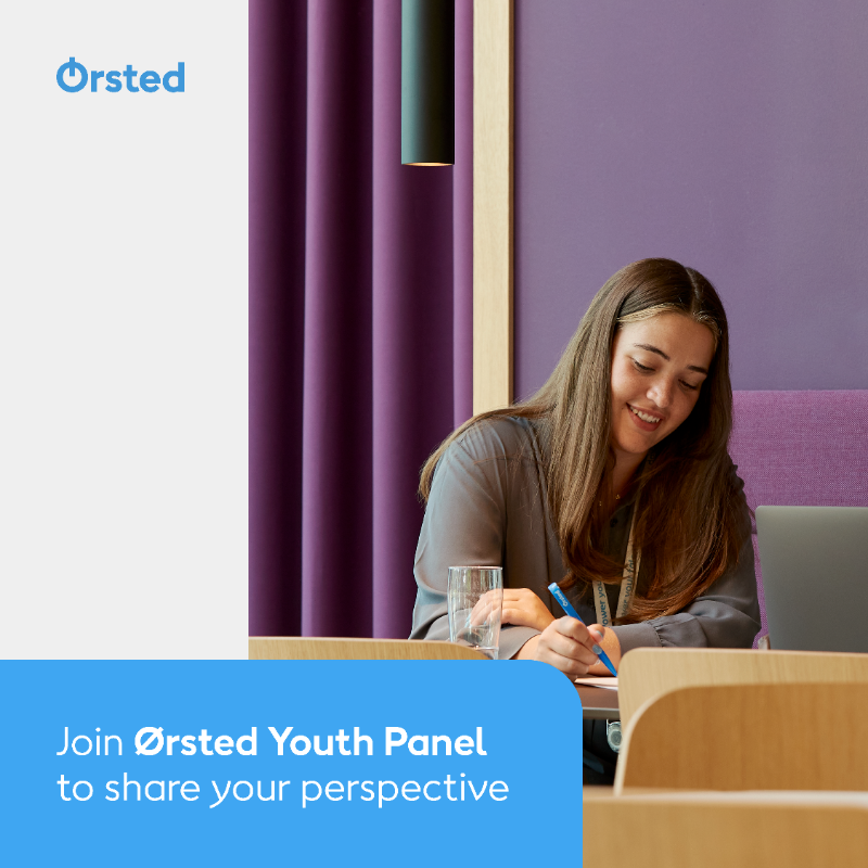 Orsted's tweet photo. We’re launching the Ørsted Youth Panel – a new forum to connect the perspectives of tomorrow’s #climate leaders with today’s decision-makers – and for that, we’re looking for eight forward-thinking young adults to help shape how we progress on our #sustainability efforts. More 👇